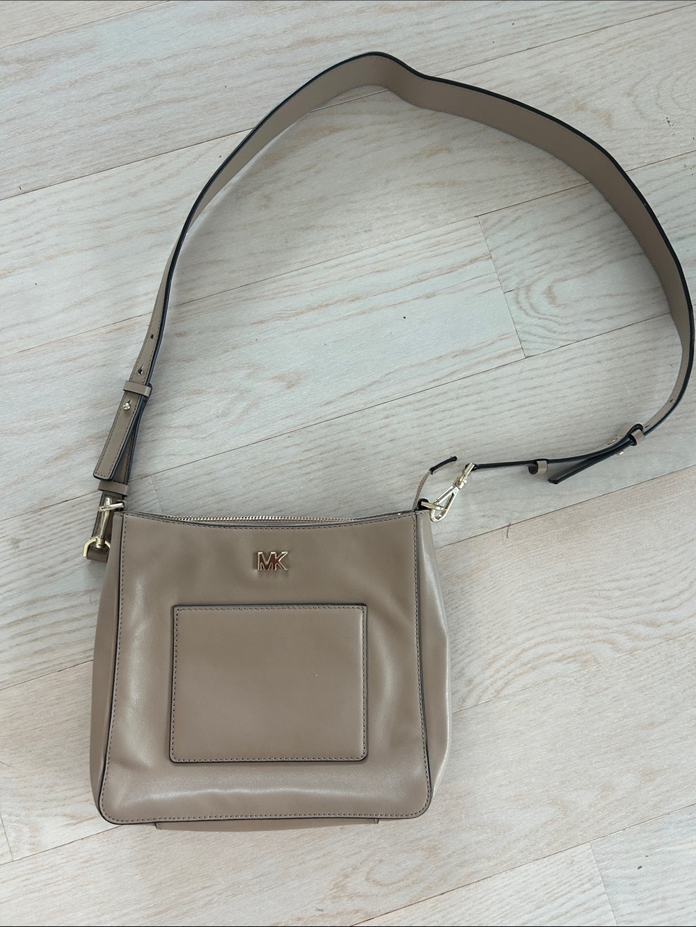 Michael Kors Taupe Leather Crossbody with Gold MK Logo